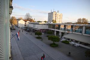 eine Stadtstraße mit Gebäuden und einer Flagge in der Unterkunft Apartman Tena in Vukovar