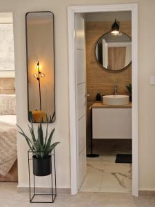 a bathroom with a sink and a mirror at Studio Apartment Mare with private garden and jacuzzi in Vinkuran