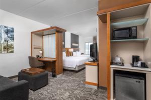 チャタヌーガにあるSpringHill Suites by Marriott Downtown Chattanooga/Cameron Harborのベッドとリビングルームが備わるホテルルームです。