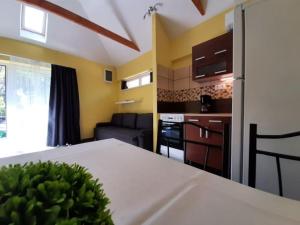 a kitchen and living room with a table and a couch at Csatang Vendégház in Siófok