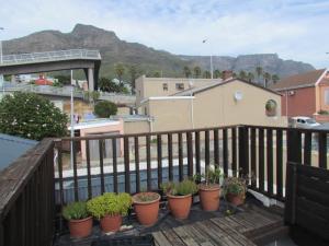 a balcony with potted plants on a wooden deck at Victorian Woodstock in Cape Town