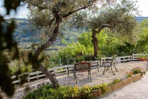 two benches in a garden with trees and flowers at Tiria House Bosa - Casa Vacanze in Bosa