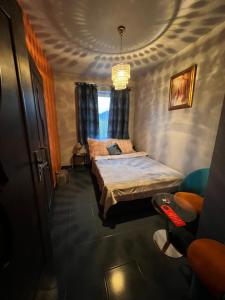 1 dormitorio con 2 camas y lámpara de araña en Apartamenty Południe BB, en Bielsko-Biala