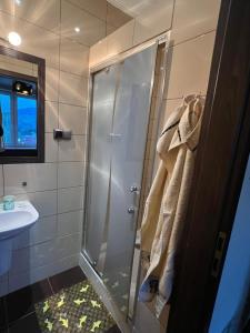 y baño con ducha y lavamanos. en Apartamenty Południe BB, en Bielsko-Biala