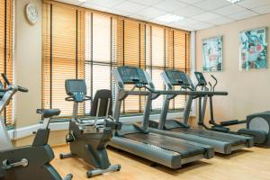 a gym with cardio equipment in a room with windows at Le Meridien Fairway in Dubai