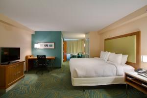 Habitación de hotel con cama, escritorio y TV. en SpringHill Suites by Marriott Orlando Lake Buena Vista South en Kissimmee