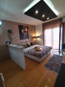 a bedroom with a large bed and a large window at BG apartman in Vrnjačka Banja