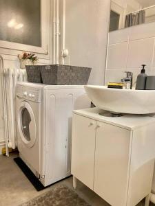 a kitchen with a washing machine and a sink at Bel Appart Alfortville -Quai Seine - 5mn de Paris in Alfortville