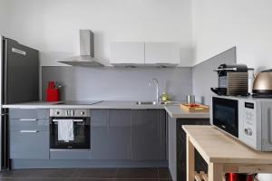 La cuisine est équipée d'un évier, d'une cuisinière et d'un four micro-ondes. dans l'établissement Lyon Cite-La suite Passerelle avec balcon-Caluire, à Caluire-et-Cuire