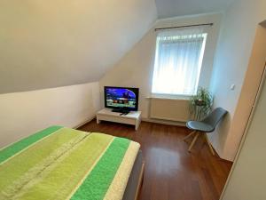 Schlafzimmer mit einem Bett und einem Flachbild-TV in der Unterkunft Jacky & Daniel's Apartments Top 2 in Sankt Pölten
