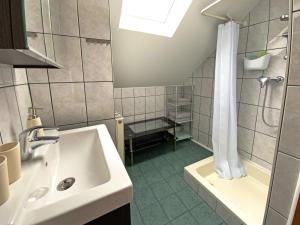 ein Bad mit einem Waschbecken und einer Dusche in der Unterkunft Jacky & Daniel's Apartments Top 2 in Sankt Pölten
