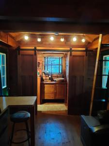 Cette chambre comprend une cuisine équipée d'un évier et d'un comptoir. dans l'établissement Tiny Cabin located on the outskirts of Mohican State Park, 