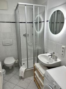 a bathroom with a shower and a sink and a toilet at Smultron Apartment Altstadt Wismar in Wismar