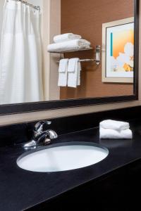lavabo en el baño con un espejo grande encima. en Fairfield Inn & Suites Lincoln, en Lincoln