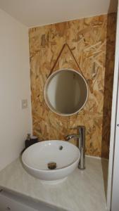 La salle de bains est pourvue d'un lavabo et d'un miroir sur un comptoir. dans l'établissement Studio la Traverse du Colombier, à Rians