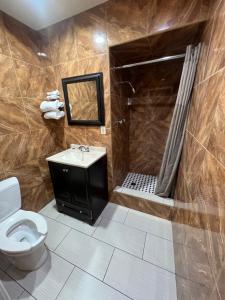 a bathroom with a toilet and a shower and a sink at Harris Motel in Oakland