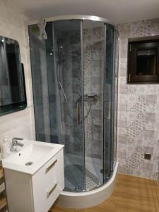 ein Bad mit einer Dusche und einem Waschbecken in der Unterkunft Tu się śpi in Bodzentyn