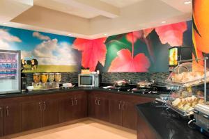 a kitchen with a counter with red flowers on the wall at Fairfield Inn & Suites Saginaw in Saginaw