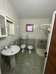 y baño con lavabo, aseo y ducha. en Apartments Near The Coast - Milla en Ulcinj