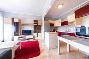 eine Küche mit einem Tisch und einem roten Teppich in der Unterkunft Apartament z widokiem in Białystok