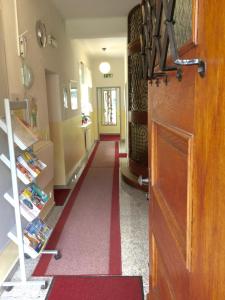 a hallway with a red carpet and a wooden door at Salzburgrooms in Salzburg