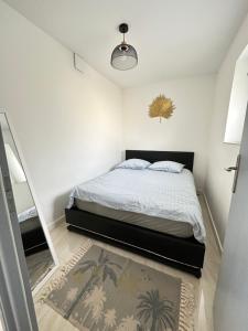 a bedroom with a bed and a mirror at Superbe appartement proche de stations de ski in Thonon-les-Bains