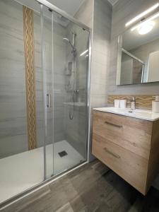 La salle de bains est pourvue d'une douche en verre et d'un lavabo. dans l'établissement Jardin privé 1, à La Ravoire