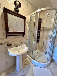 La salle de bains est pourvue d'un lavabo et d'une douche. dans l'établissement Leśne PoBudki, à Białowieża
