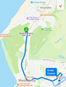 a map of the hike to the resort imperial golf club at West Kirby home for Open golf at Hoylake in West Kirby