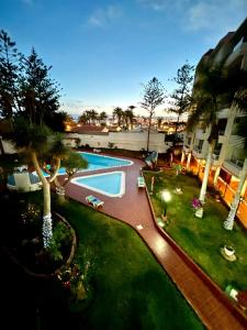 Blick auf einen Swimmingpool mit Palmen in der Unterkunft Mama Yumbo in Playa del Ingles