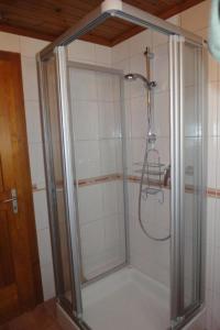 a shower with a glass door in a bathroom at Chalet Stefanino, 3 12 Zimmer in Bellwald