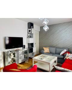 a living room with a couch and a table at Apartman Jelena in Sremska Mitrovica
