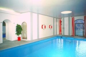 RuviglianaにあるBarony "Olive" Komfort-Wohnung Castagnola-Seenähe mit Garten für Hund, Klimagerät, Hallenbadの大きな青いプール付きの大型スイミングプール