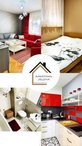 a collage of photos of a kitchen and a living room at Apartman Jelena in Sremska Mitrovica