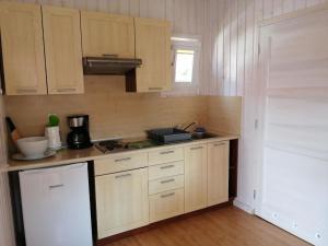 a kitchen with wooden cabinets and a white refrigerator at Ferienhaus in Dziwnw mit Terrasse, Garten und Grill in Dziwnów