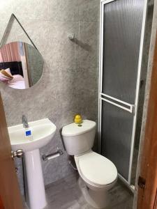a bathroom with a toilet and a sink and a shower at Casa Carolina in Santa Marta