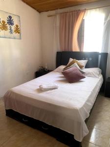 a bedroom with a large white bed with a window at Casa Carolina in Santa Marta