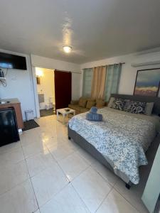 ein Schlafzimmer mit einem Bett und ein Wohnzimmer in der Unterkunft Las Olas Beach apartments in Arecibo