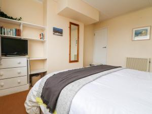 um quarto com uma cama e uma cómoda com uma televisão em Wootton Gray em Mousehole