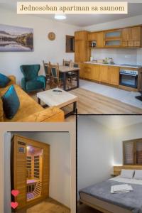 a kitchen and a living room with a couch at Monte Pino Lux Apartments in Žabljak