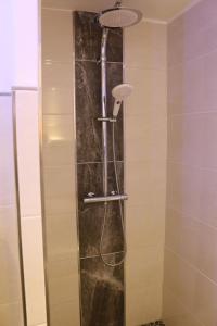 een douche met een douchekop in de badkamer bij Ferienwohnung in Kurort Jonsdorf mit Terrasse, Grill und Garten in Kurort Jonsdorf