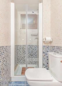 a bathroom with a shower with a toilet and a tub at Chalet El Molino de Castiello in Castiello de Jaca