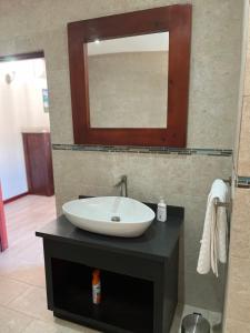 a bathroom with a sink and a mirror at Cozy Oceanfront Room Hidden Treasure in Treasure Beach