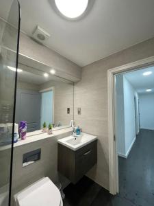 uma casa de banho com um lavatório, um WC e um espelho. em Charming Modern Apartment near London Heathrow em Feltham
