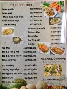 a menu of food items in a restaurant at Khách sạn Vân Thành in Sầm Sơn