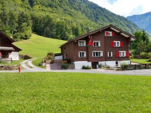Engi的住宿－Glärnisch Blick，绿色田野上带红色百叶窗的棕色房子