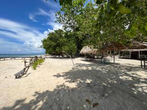 uma praia com um banco e árvores e o oceano em Kamar Raja GuestHouse em Selpele
