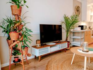 a living room with potted plants and a flat screen tv at Comfortable apartment overlooking the seaside beach in Niechorze in Niechorze