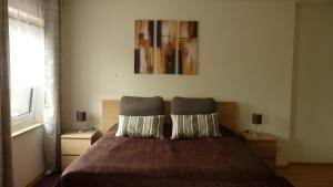 ein Schlafzimmer mit einem Bett mit zwei Kissen darauf in der Unterkunft FeWo am Zwinger in Dresden