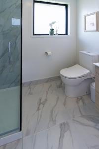 a bathroom with a toilet and a glass shower at Riccarton 2 bed 1 bath w/garage in Christchurch